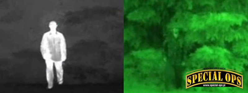 Różnica między obrazem człowieka na tle ściany lasu,
uzyskanym w ciemności za pomocą termowizora
(po lewej) i noktowizora (po prawej). Fot: Ireneusz Chloupek