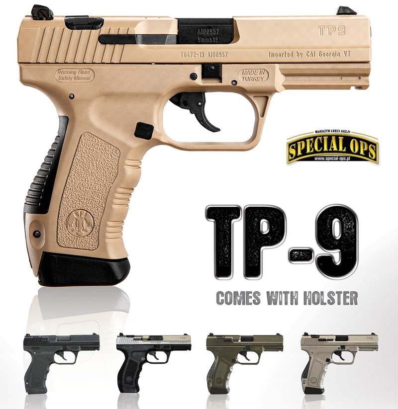 TP9 z charakterystycznym dużym kopytkiem magazynka, wkomponowującym się w chwyt - pierwszy pistolet z polimerowym szkieletem i bijnikowym mechanizmem uderzeniowym firmy SYS, który otworzył serię TP.