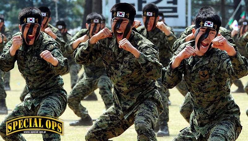 Tak jak i w innych azjatyckich formacjach specjalnych, dużo miejsca w szkoleniu jednostek ROKA SWC zajmuje trening walki wręcz - zarówno tradycyjnych (w tym publiczne pokazy mistrzostwa w TKD), jak i systemów bojowych, w każdych warunkach; fot. 3(6): ROK.