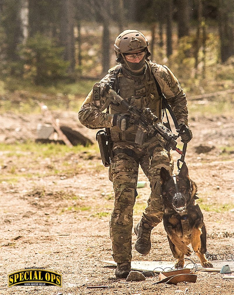 Operatorzy norweskiej jednostki
specjalnej MJK („SPECIAL OPS” 4/2013)
- pies bojowy i jego przewodnik.
W siłach zbrojnych Norwegii psy
wykorzystywane są również przez
jednostkę specjalną FSK z wojsk
lądowych i jegrów przybrzeżnych
KJK („SPECIAL OP.