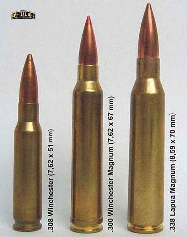 Karabin firmy DSR Precision GmbH był jednym z pierwszych łatwo dostosowywanych do strzelania
jednym z trzech nabojów, od lewej: .308 Winchester
(7,62 mm NATO), .300 Winchester Magnum (7,62 mm x 67) i .338 Lapua Magnum (8,6 mm x 70).