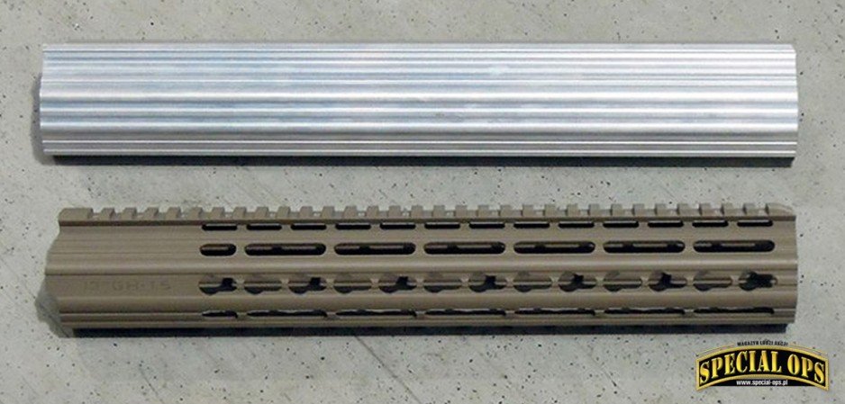 Łoże GH-15 Free Float KeyMod (średniej długości 13 cali) i wykorzystywany do jego produkcji półprodukt - aluminiowy profil rurowy z Niemiec, wykonany z lekkiego, lecz wytrzymałego aluminium 6061 T6. Zdjęcie: GunsHelp