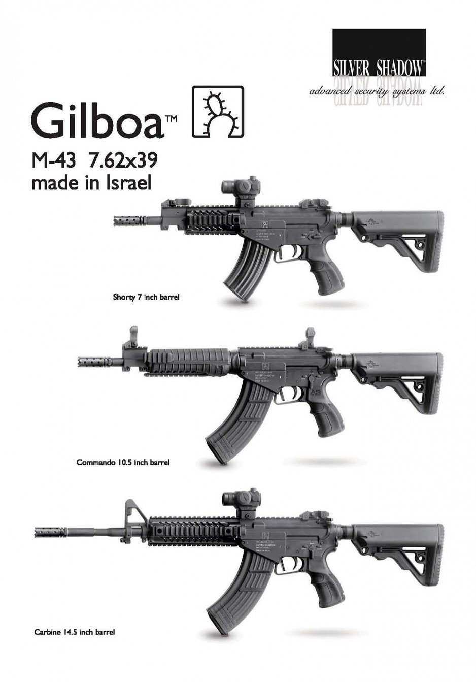 Gilboa M43 izraelskiej firmy SSASS (od góry: Shorty, Commando i Carbine)