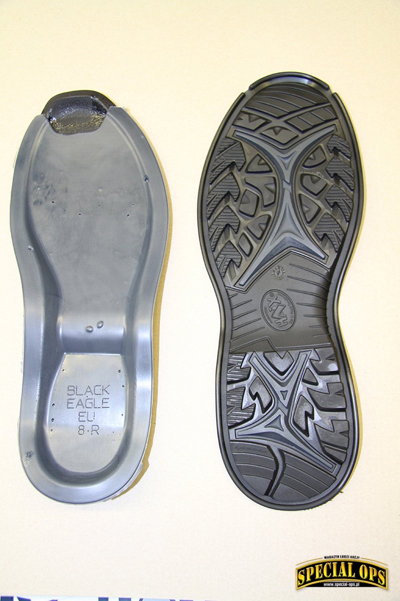 Szczegóły podeszwy butów Black Eagle zbudowanej z kilku warstw gumy o różnej gęstości/twardości. Fot. Błażej Bierczyński, Mateusz J. Multarzyński
