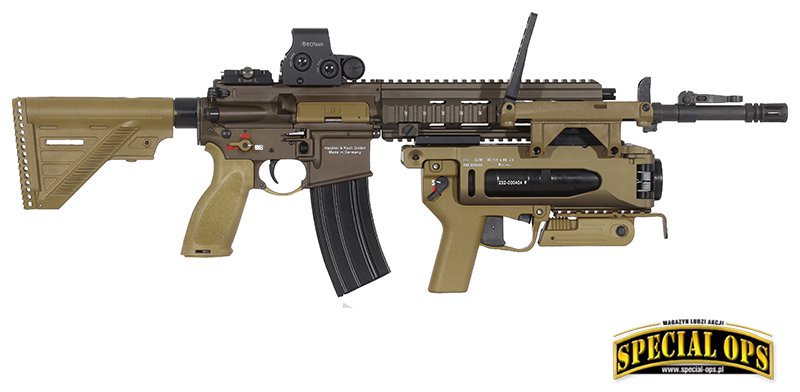 HK416 A5 z lufą 16,5-calową i granatnikiem podwieszanym GLM.