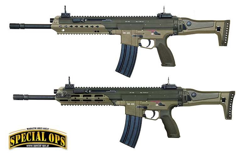 Karabinki HK433 mogą mieć wykończenie powierzchni barwy czarnej, FDE (RAL 8000) lub zielono-brązowej. Górny z łożem HKey, dolny z łożem o otworach M-lok.