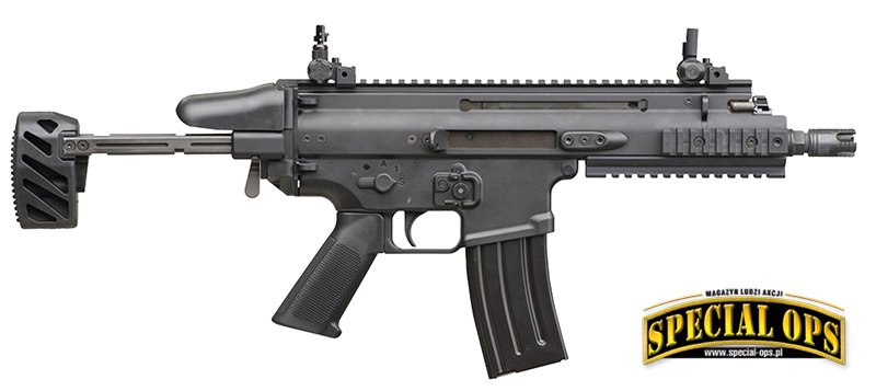 Najnowszy subkbk belgijskiej firmy FNH: 5,56 mm SCAR-SC (Subcompac Carbine) z lufą długości 190,5 mm i nowym typem kolby wysuwanej.