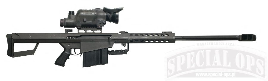 Barrett M82A1 „Light Fifty” – pierwsza wersja produkowana seryjnie, na górnym zdjęciu z celownikiem dzienno-nocnym AN/PVS-10 12.2x firmy Northop Grumman, poniżej ze Swarovski Barrett 10 x 42 (mechaniczne przyrządy celownicze złożone). Od późniejszych róż.