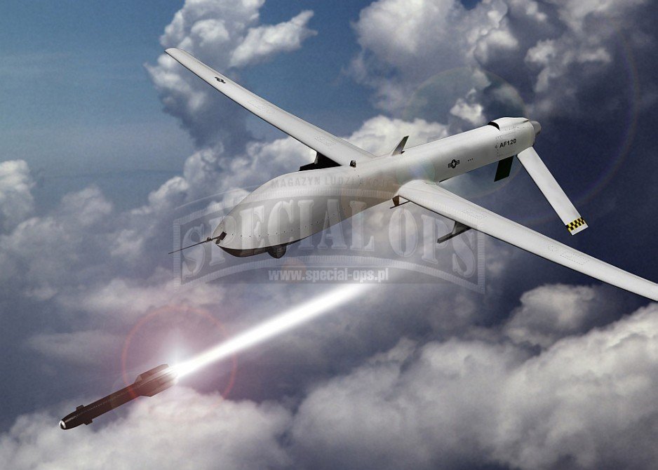 Wizja artystyczna bezzałogowca General AtomicsMQ-1 Predator odpalającego  kierowany laserowo pocisk rakietowy.