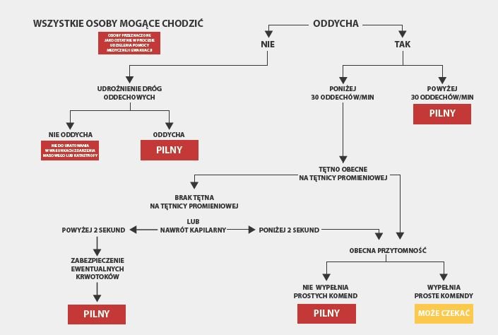 plansza przedstawiająca system S.T.A.R.T. do oceny poszkodowanych w wypadku masowym lub katastrfie.