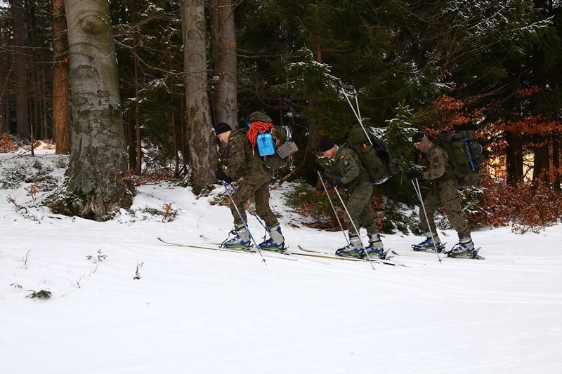 trzech żołnierzy na nartach biegowych