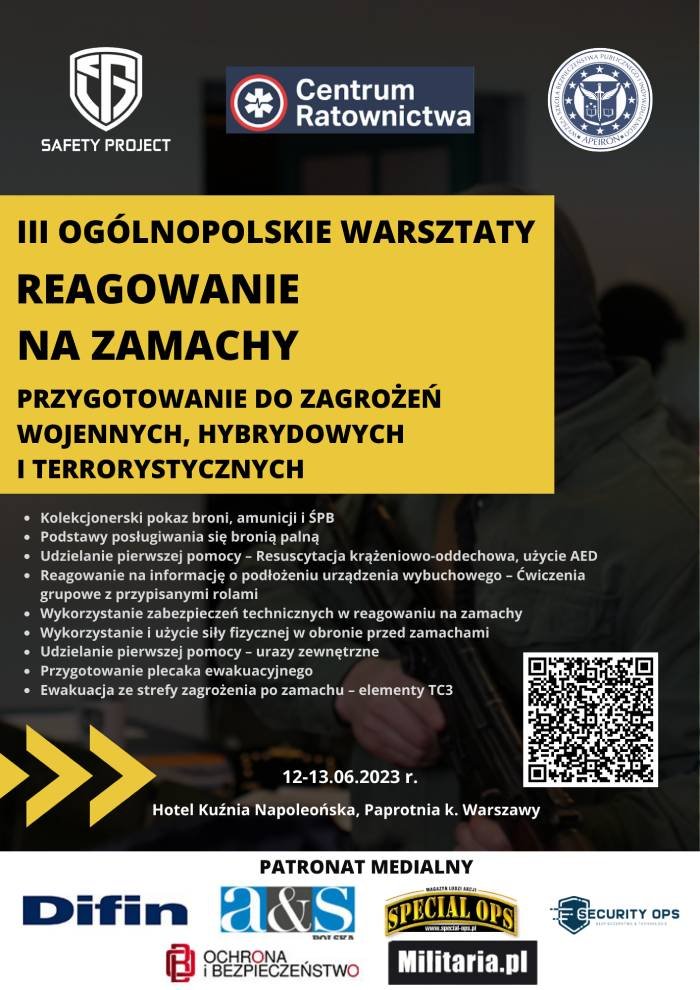III Og&oacute;lnopolskie Warsztaty &bdquo;Reagowanie na zamachy &ndash; przygotowanie do zagrożeń wojennych, hybrydowych i terrorystycznych&rdquo;. Grafika: Safety Project